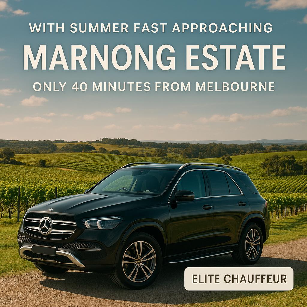 Mercedes-Benz GLE parked at Marnong Estate vineyard, luxury chauffeur service from Melbourne by Elite Chauffeur, 40 minutes countryside getaway