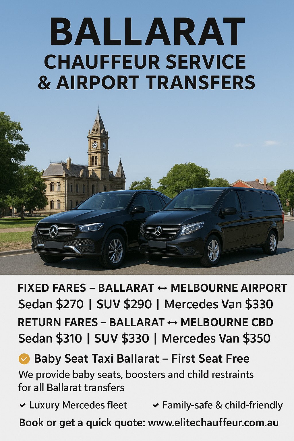 Mercedes GLE SUV and Mercedes V-Class in Ballarat providing premium chauffeur service and airport transfers by Elite Chauffeur with fixed fares to Melbourne Airport and Melbourne CBD.