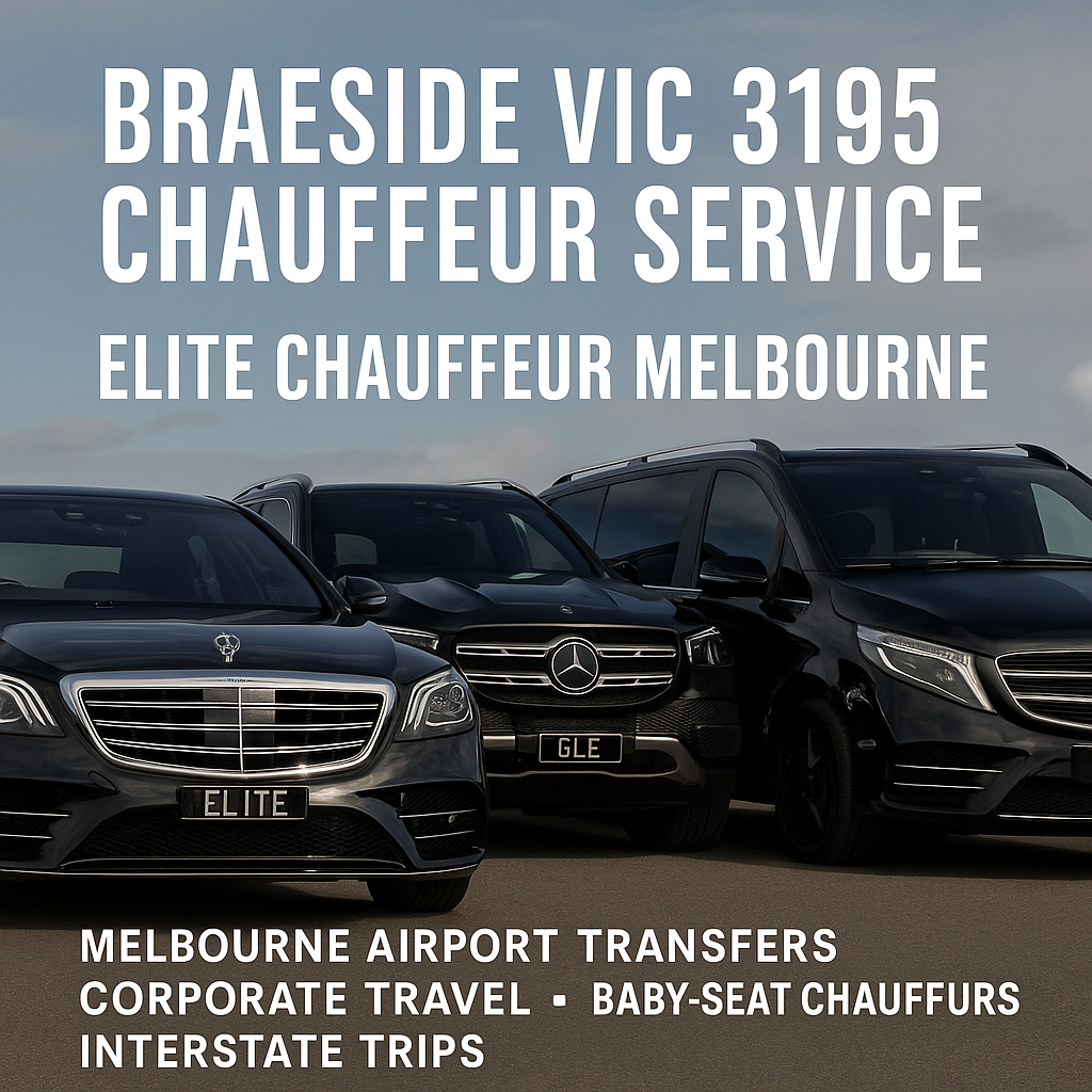 Braeside chauffeur service with Mercedes S-Class, GLE SUV and V-Class van featuring ELITE plates, offering Melbourne Airport transfers, corporate travel and baby-seat chauffeur service.