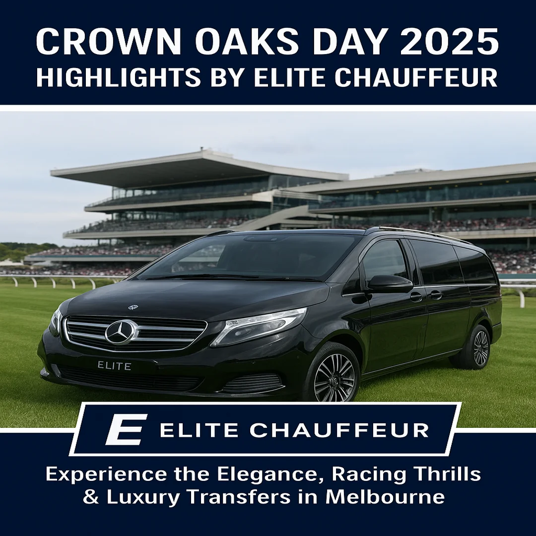 Mercedes-Benz V-Class by Elite Chauffeur at Flemington Racecourse during Crown Oaks Day 2025, providing luxury chauffeur transfers and premium car hire in Melbourne.