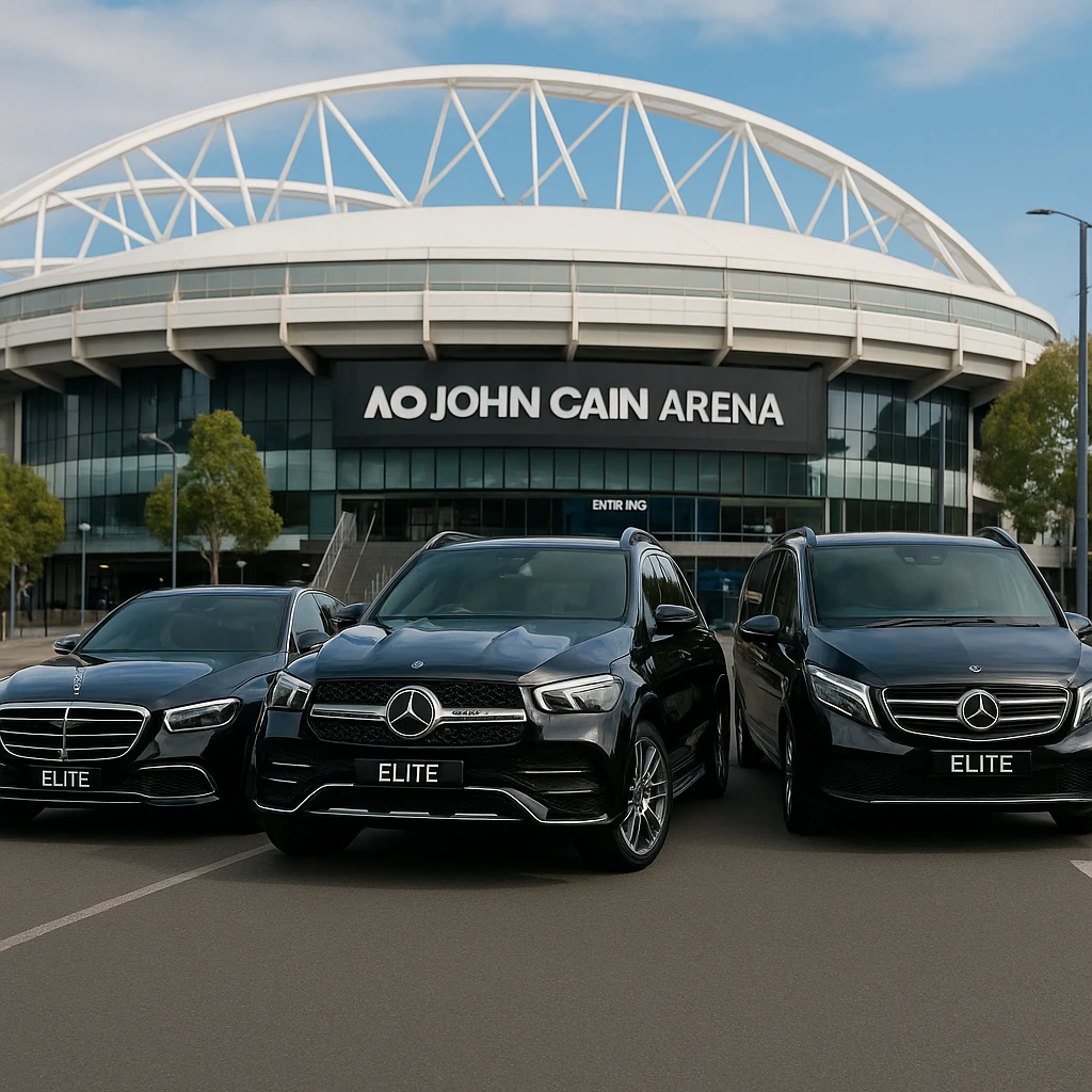 Elite Chauffeur Mercedes S-Class, GLE AMG and V-Class at John Cain Arena for Australian Open 2026 chauffeur pickups and drop-offs.