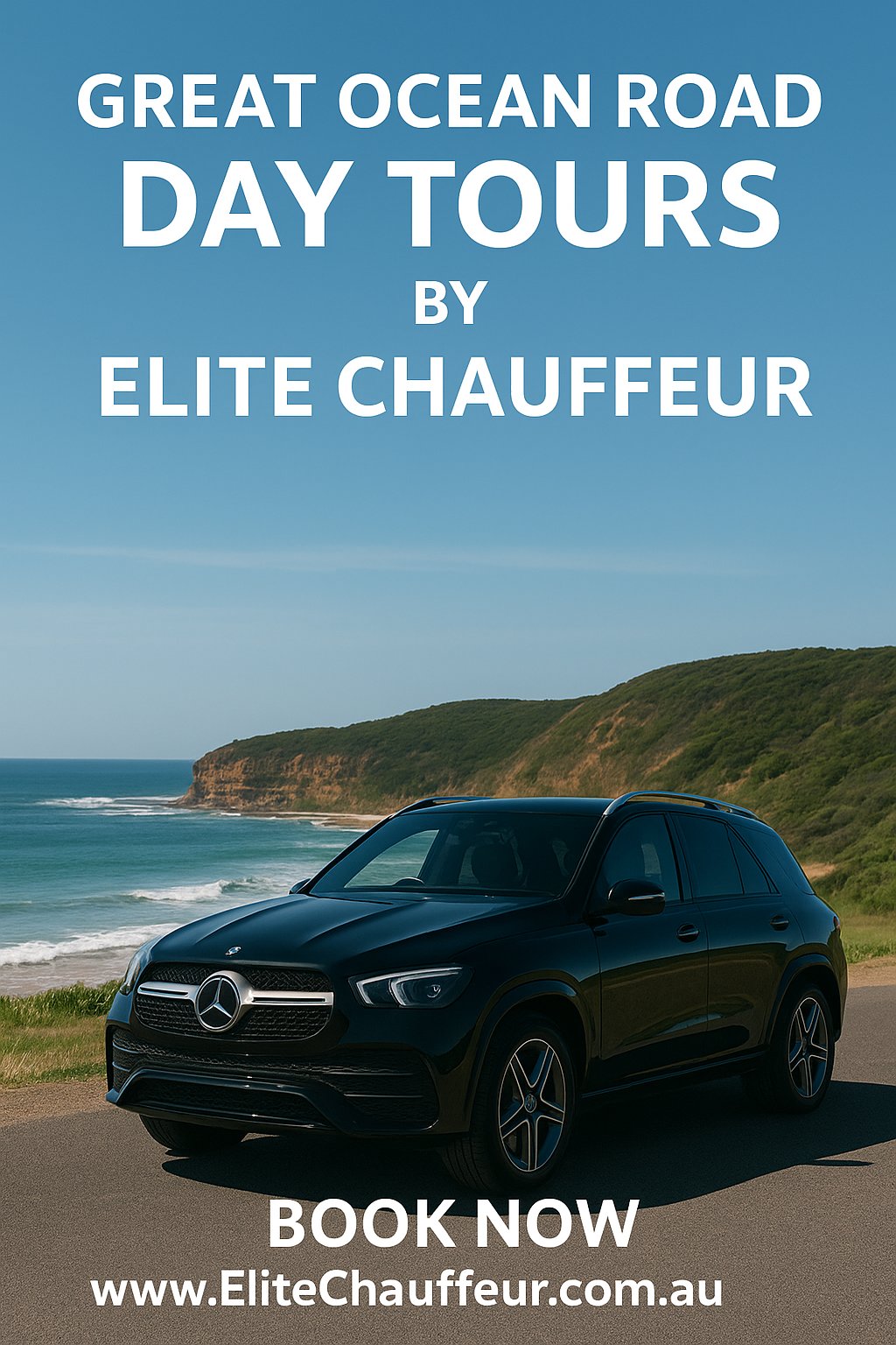Luxury Mercedes chauffeur vehicle on the Great Ocean Road during a private day tour by Elite Chauffeur Melbourne, offering premium sightseeing transfers and custom day trips.