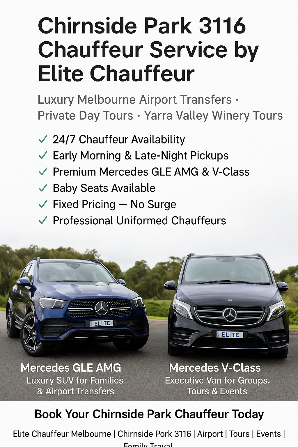 Chirnside Park 3116 Chauffeur Service by Elite Chauffeur featuring Mercedes GLE AMG SUV and Mercedes V-Class luxury van for airport transfers and winery tours