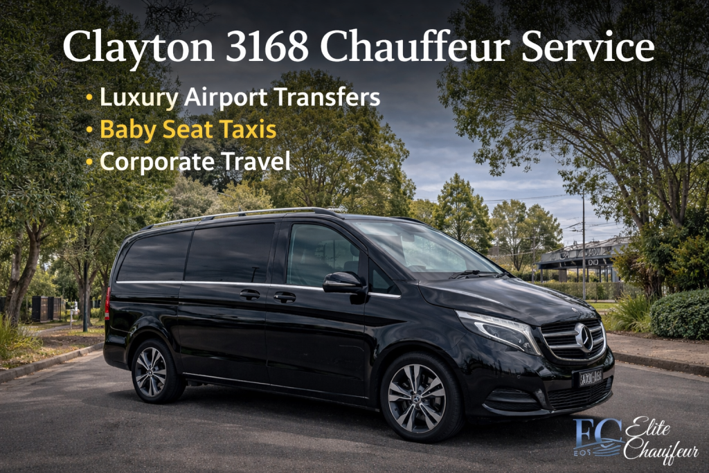 Clayton 3168 Chauffeur Service with luxury Mercedes V-Class providing airport transfers, baby seat taxis and corporate travel by Elite Chauffeur
