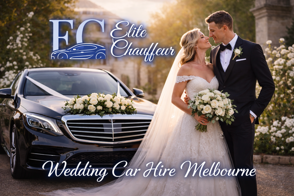 Wedding car hire Melbourne with Elite Chauffeur featuring a luxury black Mercedes wedding car with professional chauffeur for bridal and groom transport

