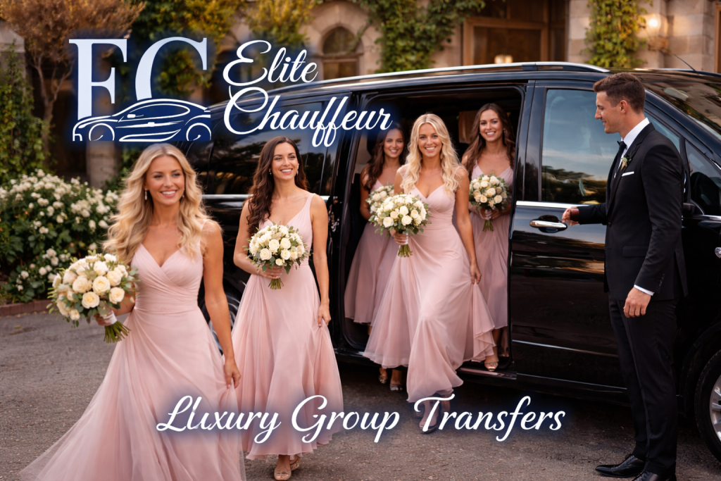 Wedding group transfers in Melbourne with Elite Chauffeur featuring bridesmaids travelling in a luxury black Mercedes V-Class with professional chauffeur
