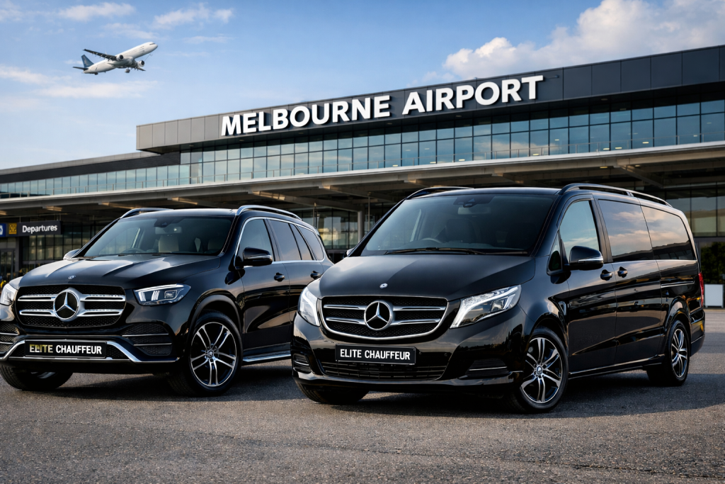 Airport Chauffeur Services Melbourne with black Mercedes GLE SUV and Mercedes V-Class luxury chauffeur vehicles at Melbourne Airport by Elite Chauffeur